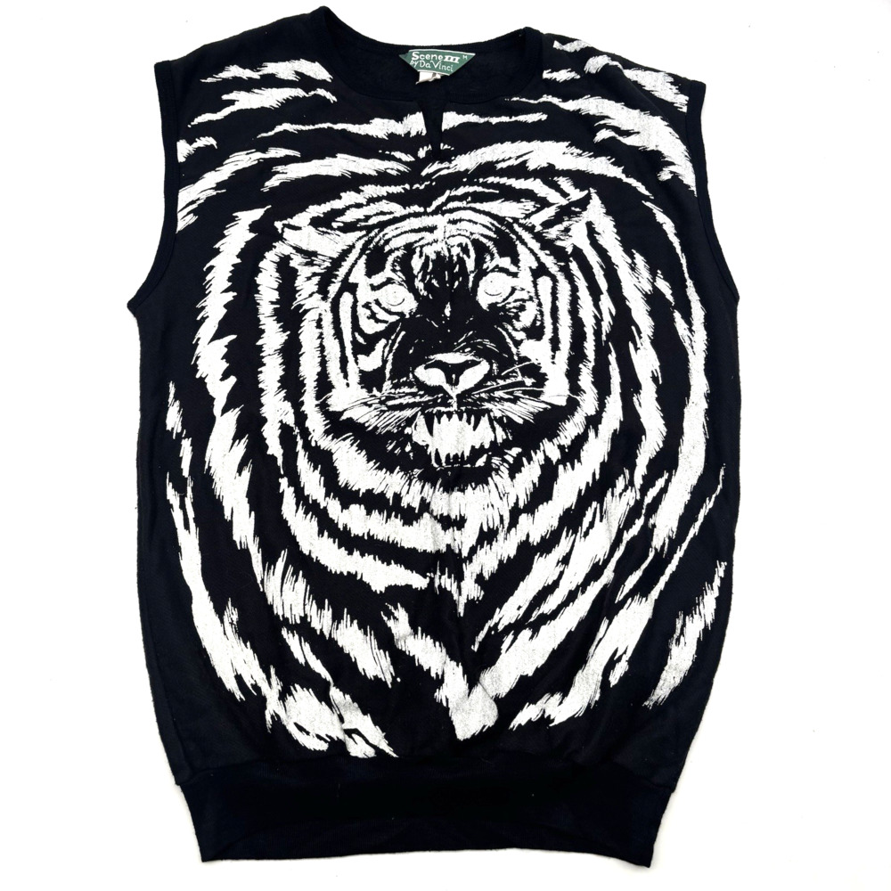 Vintage 80s Scene III Da Vinci Tiger Graphic Print Black V-neck Sweater Vest M
